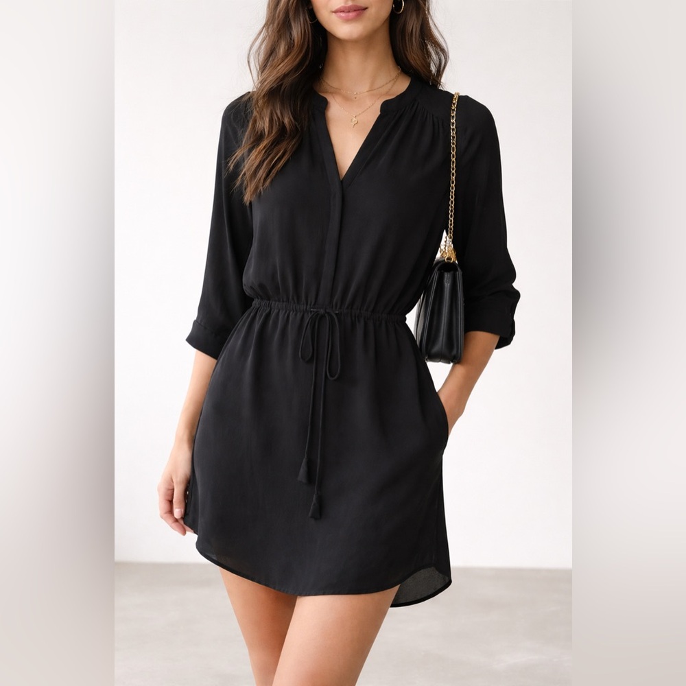 Aritzia Babaton Bennett Silk Dress | Black Drawstring Mini | XS